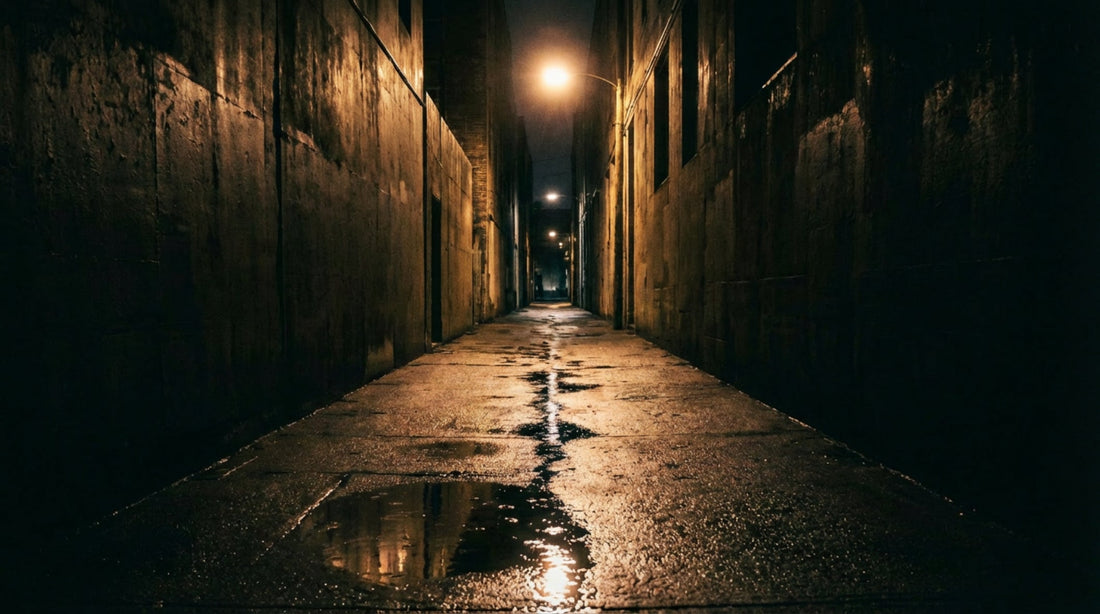 Narrow District Blueprint 001 - A cinematic view of the narrow path through a brutalist urban landscape.