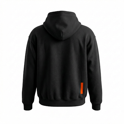 A dynamic and moody "vibe shot" close-up of the black Kairo Heavyweight Hoodie. The shot emphasizes the rich fabric texture, the premium black drawstring details with polished tips, and the clean embroidery of the black text 'NARROW DISTRICT' and the sharp vertical orange pipe accent, conveying a high-end streetwear feel.