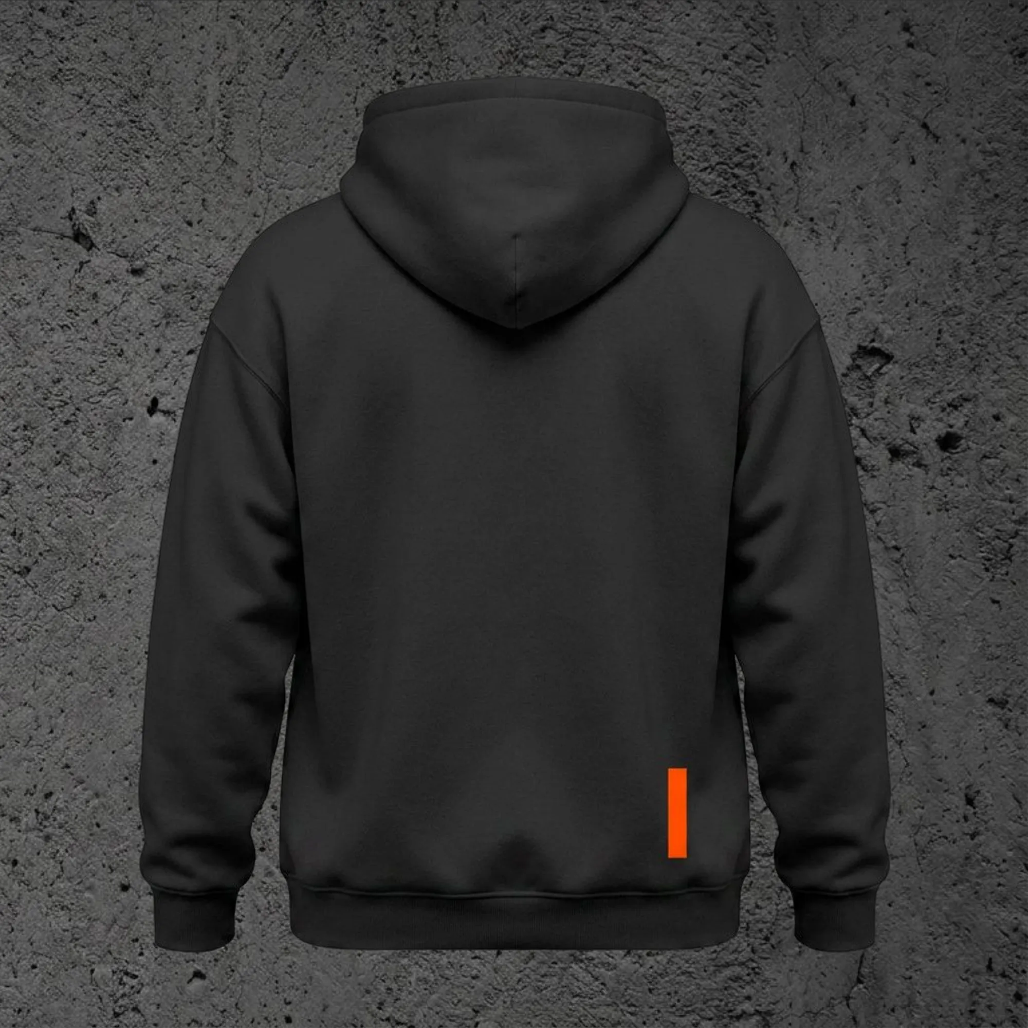 The Kairo Heavyweight Hoodie in Void Black, back view with the orange Signal bar at the hem