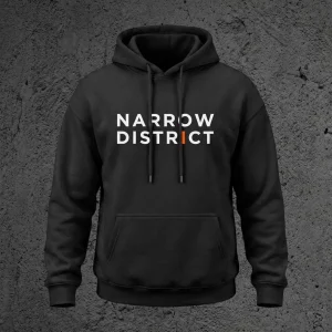 The Kairo Heavyweight Hoodie in Void Black, front view with the full Narrow District wordmark across the chest
