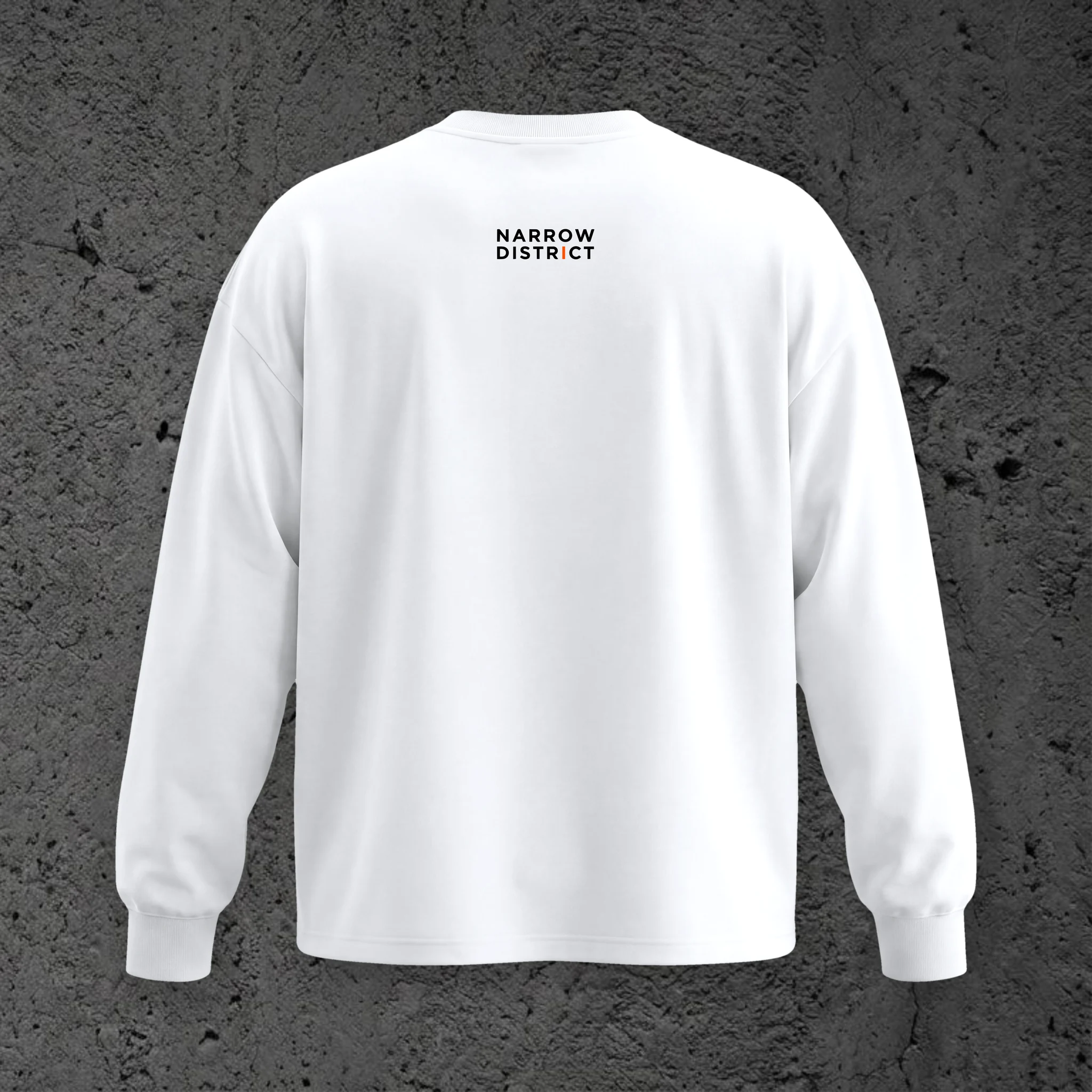 The Campus Crest LS Tee in Static White, back view with the Narrow District wordmark