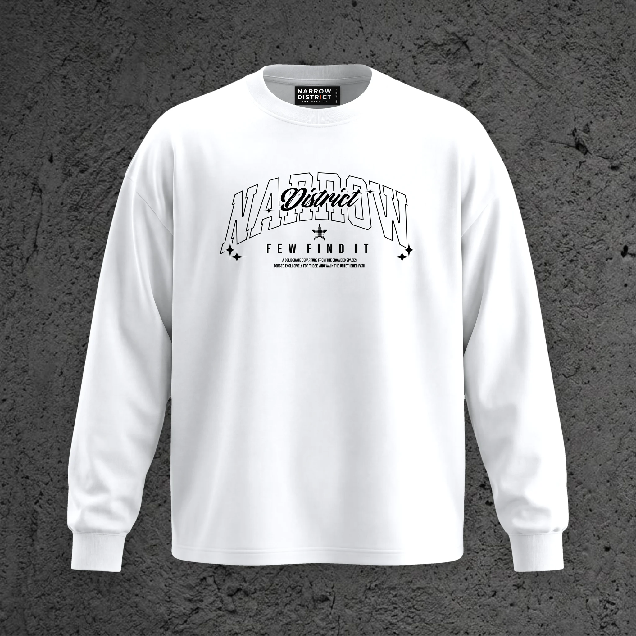 The Campus Crest LS Tee in Static White, front view with the collegiate crest across the chest