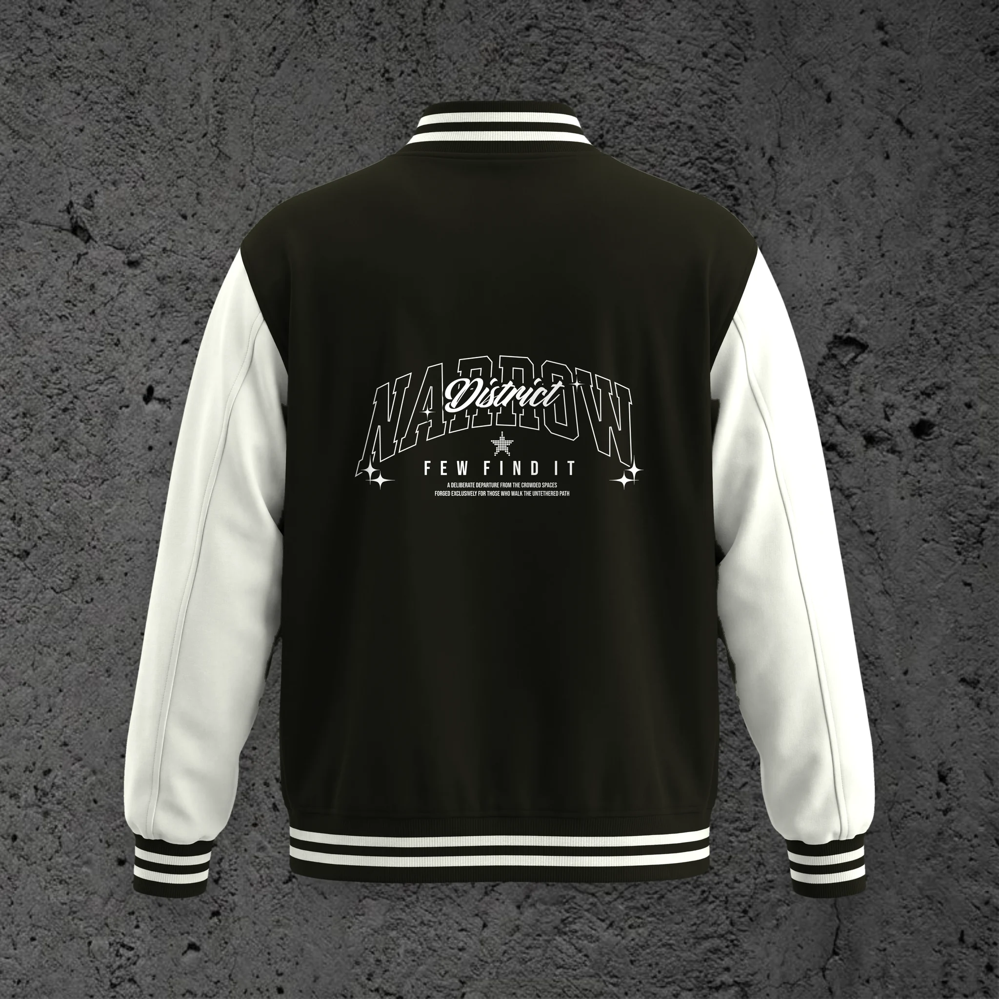 The Campus Crest Varsity Jacket in Void Black, back view with the full crest across the back