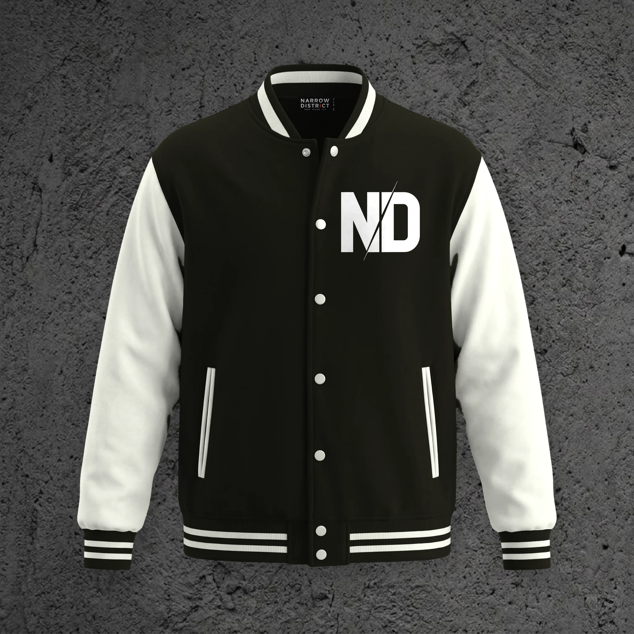 The Campus Crest Varsity Jacket in Void Black, front view with the ND monogram on the left chest