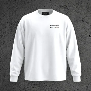 The Kairo LS Tee in Static White, front view with the Narrow District wordmark on the chest