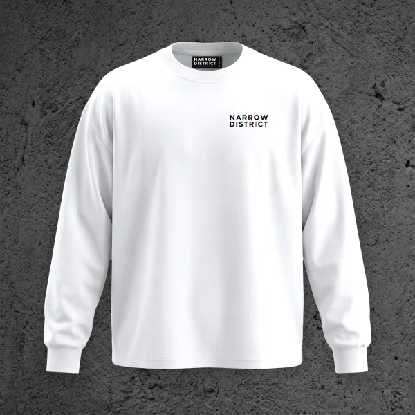 The Kairo LS Tee in Static White, front view with the Narrow District wordmark on the chest