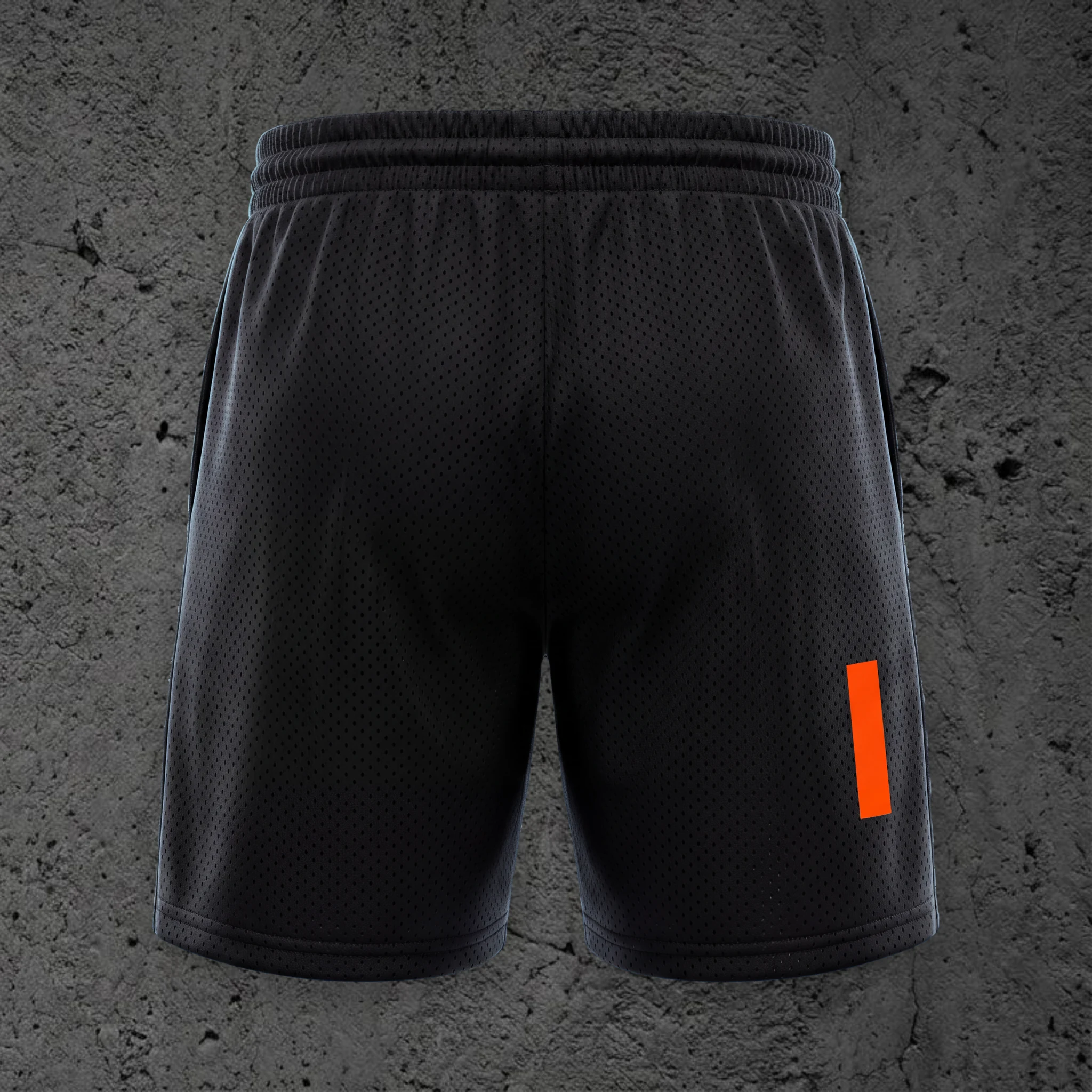 The Kairo Mesh Drawstring Short in Void Black, back view with the orange Signal bar low on the right leg