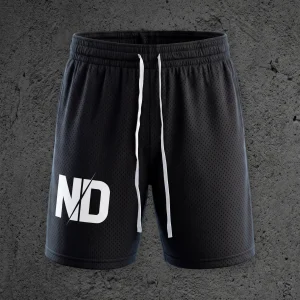 The Kairo Mesh Drawstring Short in Void Black, front view with the ND monogram on the right leg