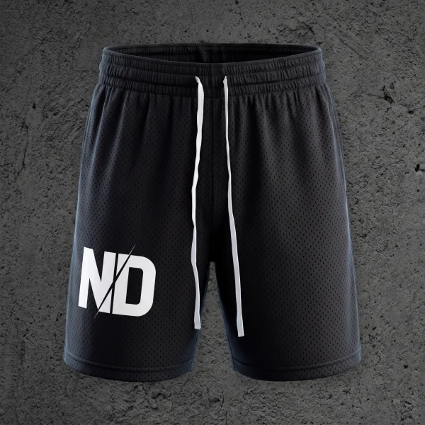 The Kairo Mesh Drawstring Short in Void Black, front view with the ND monogram on the right leg