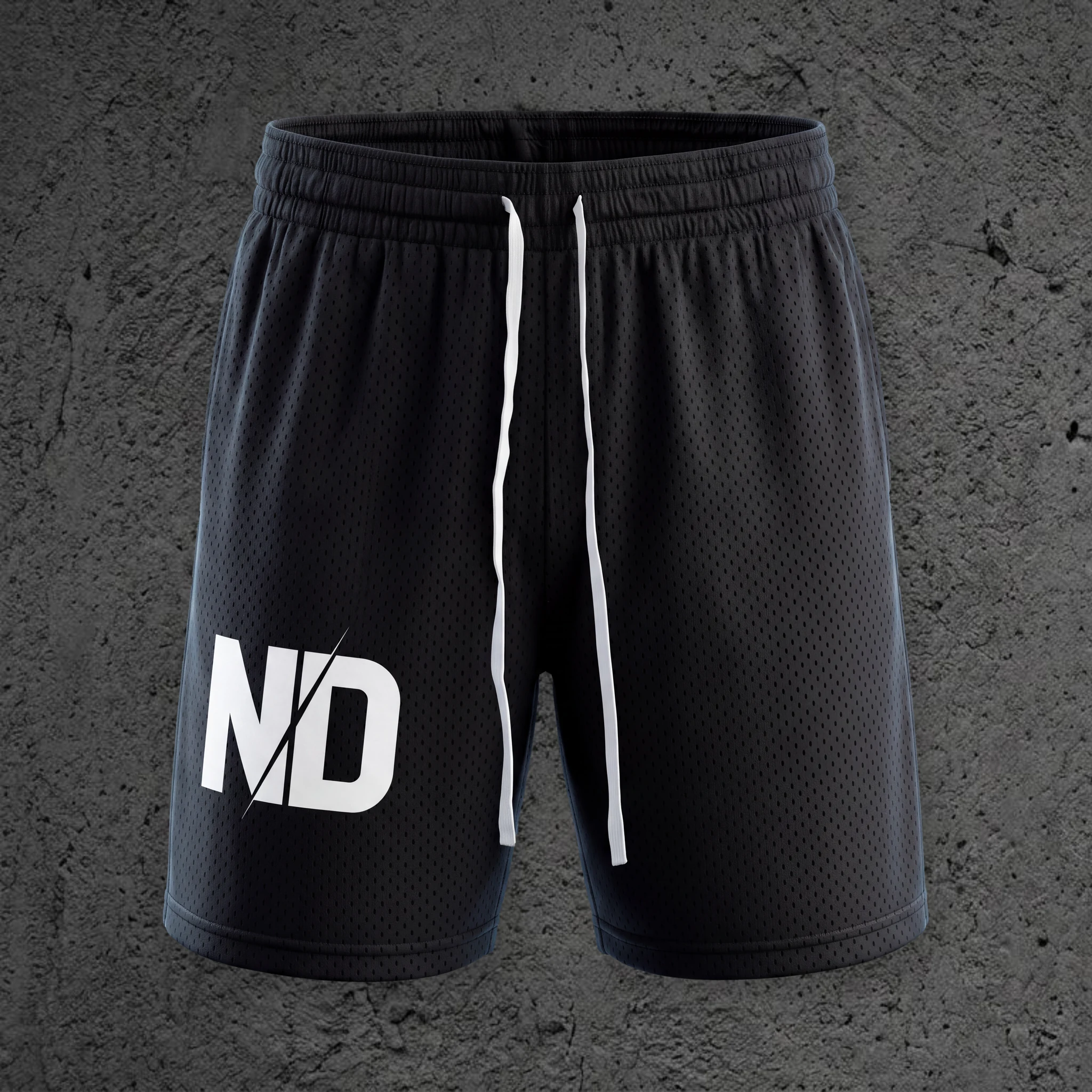 The Kairo Mesh Drawstring Short in Void Black, front view with the ND monogram on the right leg