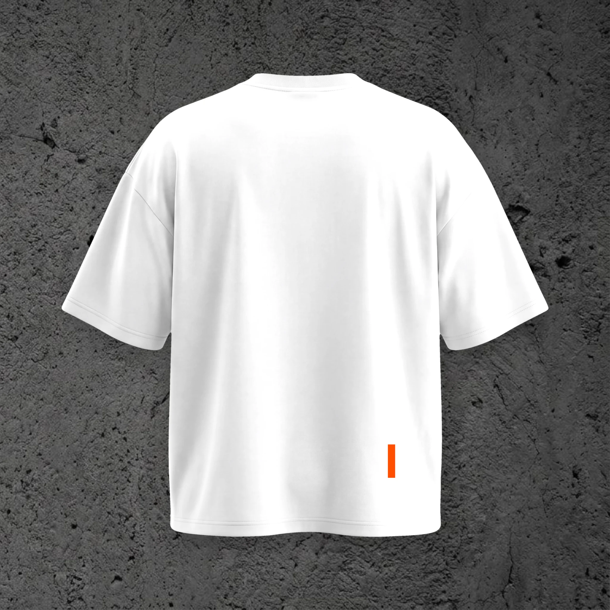 The Kairo SS Tee in Static White, back view with the orange Signal bar at the hem