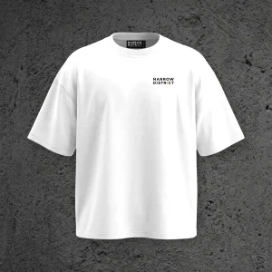 The Kairo SS Tee in Static White, front view with the Narrow District wordmark on the chest