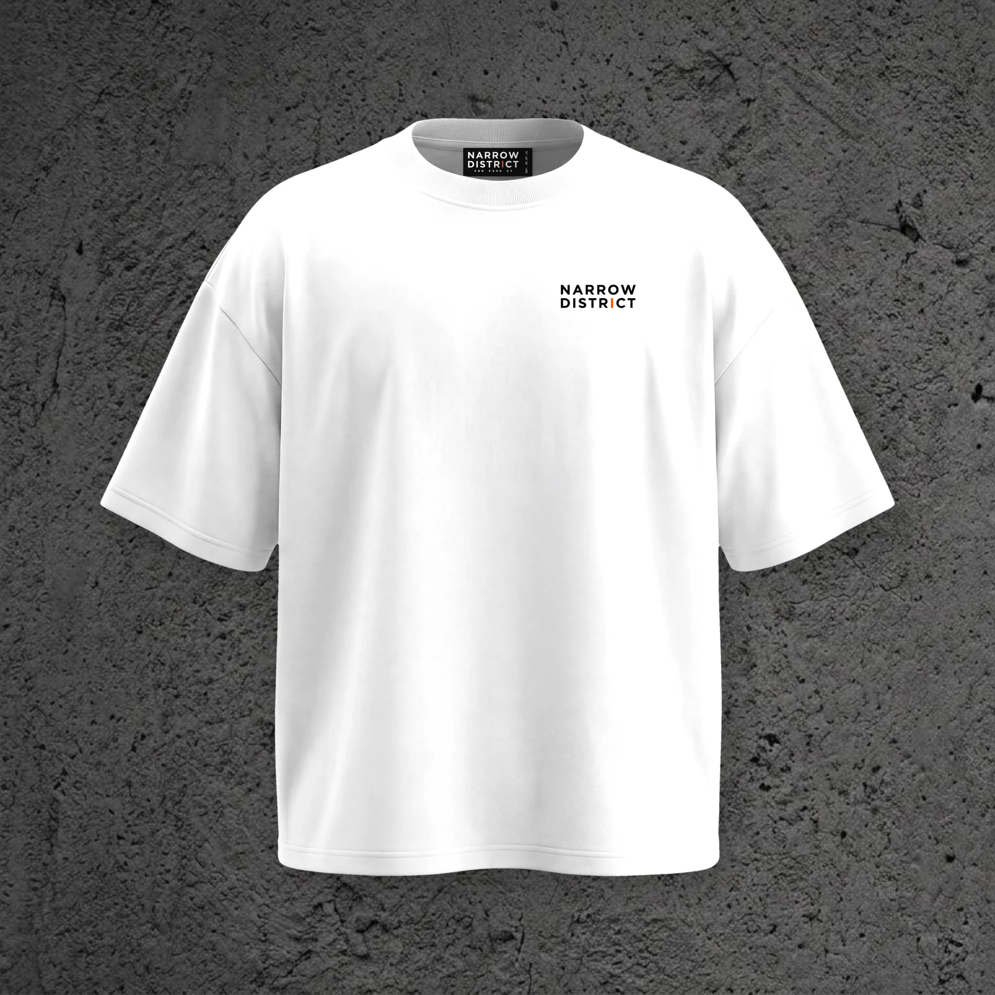 The Kairo SS Tee in Static White, front view with the Narrow District wordmark on the chest